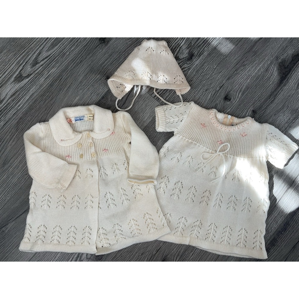 Vintage Neiman Marcus Made‎ In Spain Knit/crochet Baby Dress, Sweater & Bonnet